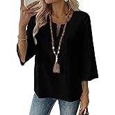 EVALESS Boho Tops for Women Blouses Dressy Casual V Neck 3/4 Sleeve Shirts Spring Outfits Trendy Vacation Clothes