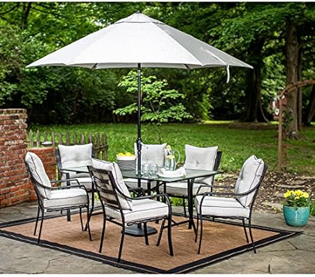 Amazon Com Hanover Lavallette 7 Piece Outdoor Dining Set With Table Umbrella And Base Grey Garden Outdoor