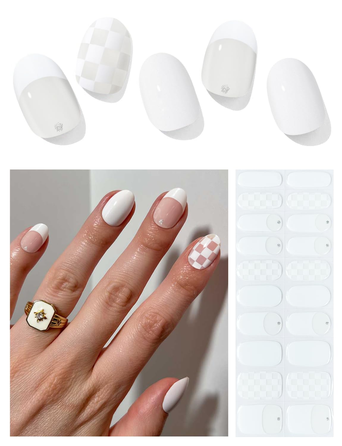 AutyaMee Semi Cured Gel Nail Strips (White Checkered), 20 Pcs Gel Nail Wraps, Stickers, UV Light Required, Salon Quality, Long Lasting