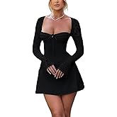 dsumvns Women's Sexy Bustier Corset Dress Bow Front Lace Long Sleeve Low Cut Bodycon Party Night Mini Dresses