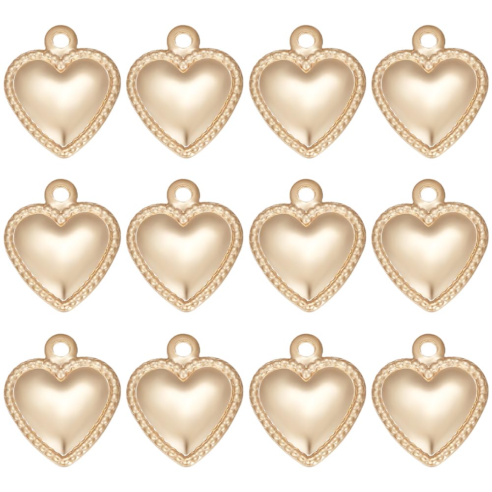 Beebeecraft 1 Box 200Pcs Puffed Heart Charm 24K Gold Plated Stainless Steel 10x8x0.8mm Mini Love Charms for Mother's Day Valentine's Gifts Jewelry Making
