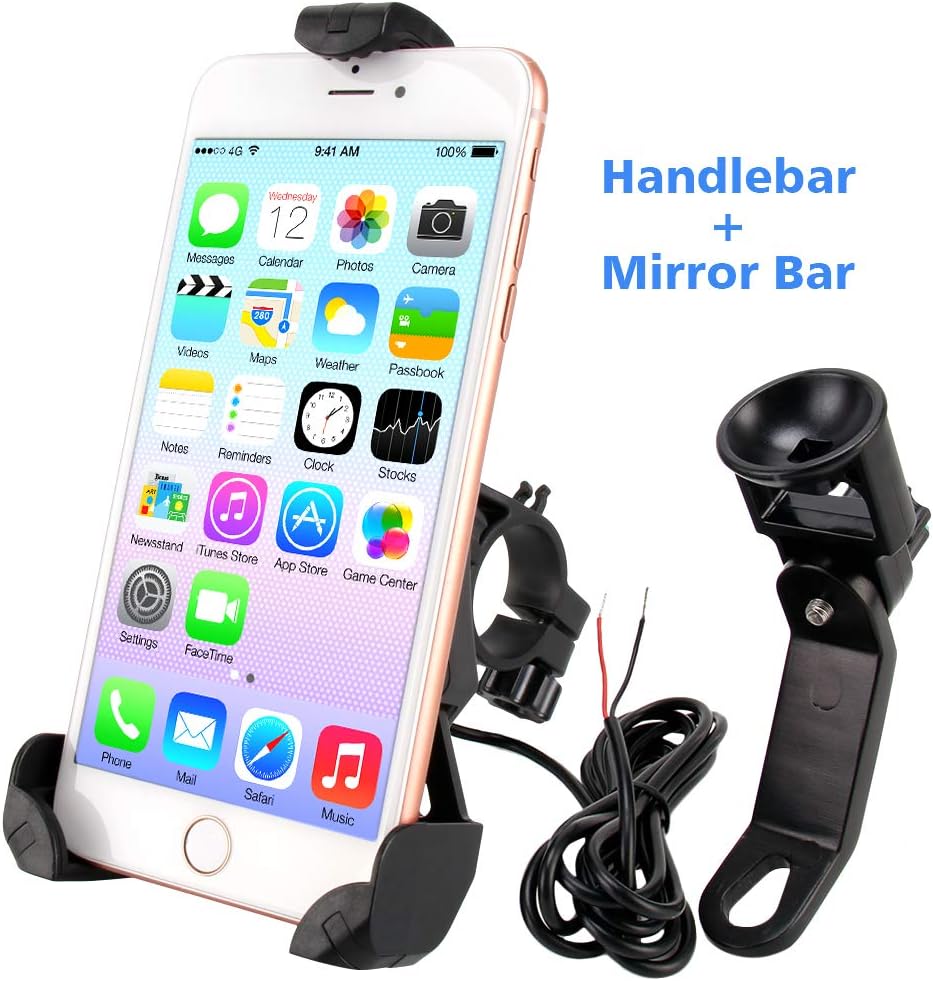 leepiya Motorcycle Phone Mount with USB Charger Port Not Cover Camera, Anti Shake with 360° Adjustable, Cell Phone Holder/Motorcycle Accessories Fix on Handlebars/Mirror for All 3.5 to 6" Phones