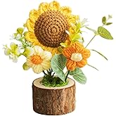 MavHubrix Handmade Crochet Sunflower Flower in Wooden Pot, Mini Knit Plants for Home Decor Office Desk, Knitted Gift for Teacher Women Friends Lovers Classmates Coworkers(1 Sunflower)