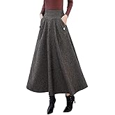 IDEALSANXUN Women’s Fall Winter High Waisted Wool Plaid A-line Long Skirt