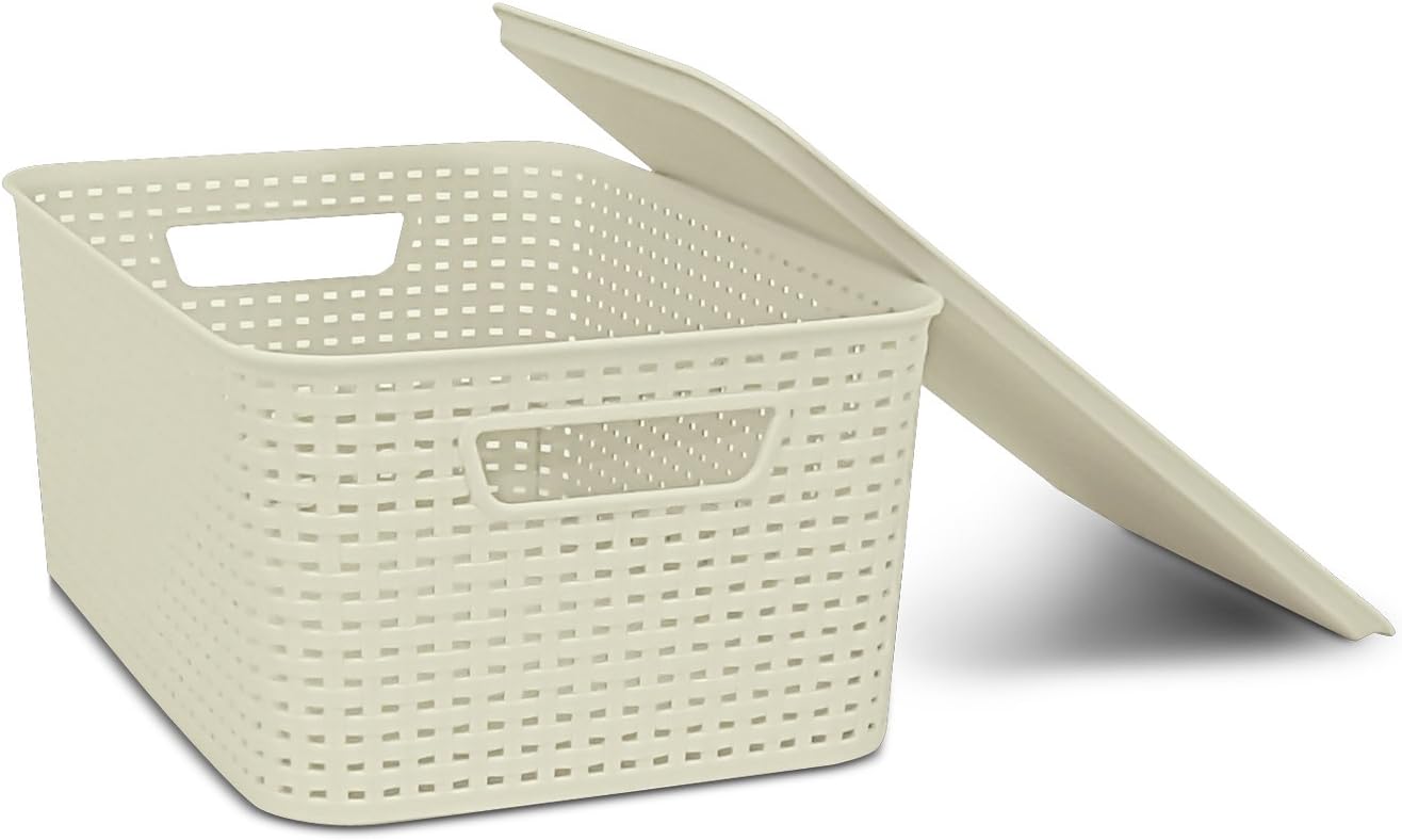 HOMZ Lid, Storage, Stackable, Small, Plastic, Cream Woven Bin