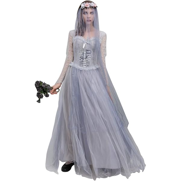 Amazon.com: PUIWNON Women Ghost Bride Costume White Lace Off Shoulder Dress  with Veil Lace Gloves Halloween Cosplay Party (White, Medium) : Clothing,  Shoes & Jewelry