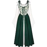 Scarlet Darkness Women Renaissance Costume Floral Lace Up Bell Sleeve Peasant Medieval Fairy Dress