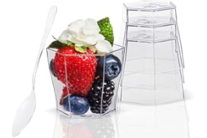 Lawei 100 pack 2 oz Plastic Dessert Cups with 100 Plastic Spoons - Hexagonal Mini Bowl Disposable Bowls for Chocolate Dessert
