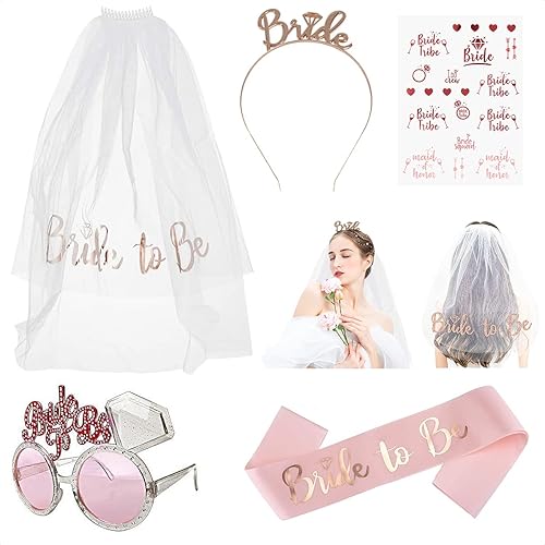 AOT Bride to Be Sash, 5 Set Bride Veil Bride to Be Headband with Comb, Sash Tattoos Sunglasses Sticker for Bridal Shower, Bachelorette Party, Wedding, Valentine's Day