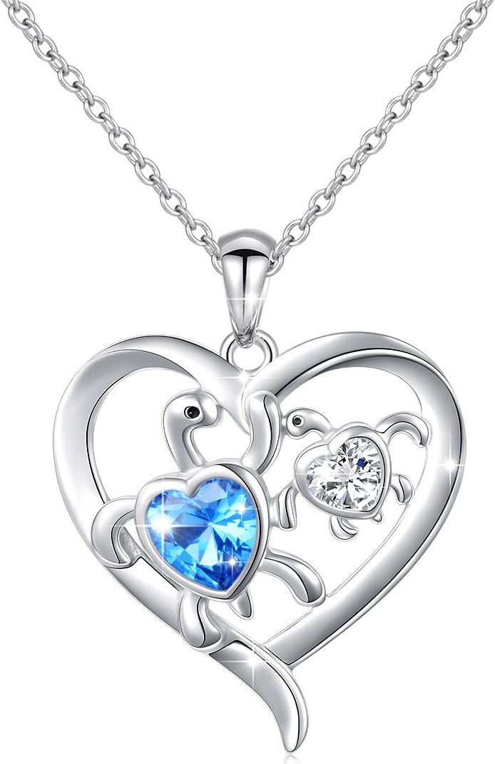 LadytreeMother Daughter Necklace Sterling Silver Sea Turtles/Bunny Rabbits/Axolotl/Otter/Llama Cute Animal Mother Child Necklace Turtle Jewelry Mother's Day Gifts for Mother Wife Daughter Women Teen Girls
