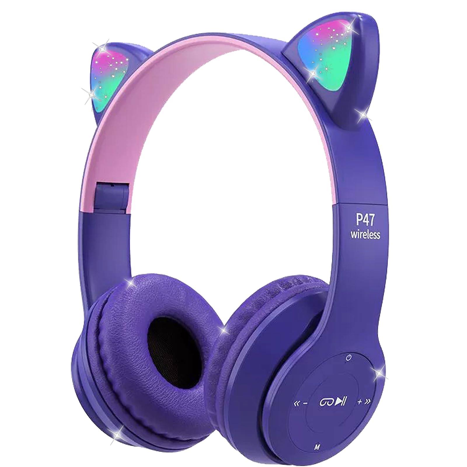 Megadream Kids Wireless Headphones, Bluetooth Over Ear Headphones with Microphone, Cat Ear LED Light Child Headset TF Card/Wired Foldable Earphones for Girls Boys Gift Age 7+(Purple) — image 1