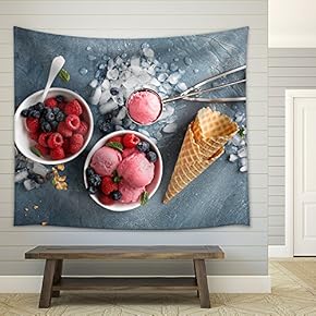 Raspberry Ice Cream in White Bowl Overhead Shot - Fabric Wall Tapestry Home Decor - 51x60 inches