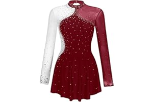iiniim Women's Long Sleeve Figure Ice Skating Dress Shiny Rhinestone Ballet Skirted Leotard Dresses