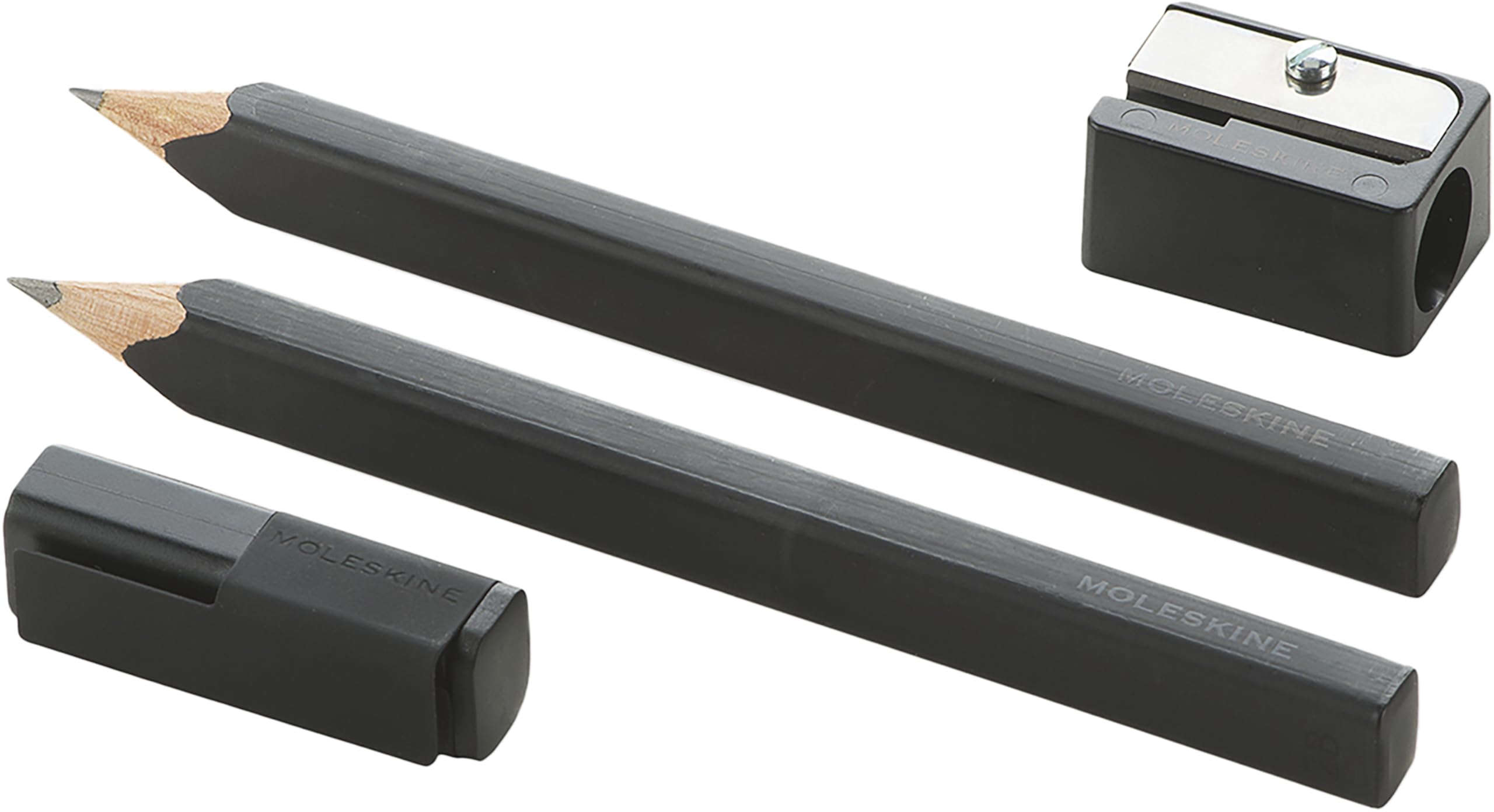 Moleskine Set of 2 2B Pencils With Sharpener, Cedar Wood Pencils With Rectangular Barrel and Steel Clip, Matte Black Finish, Adhesive Labels, Length With Cap 14 cm