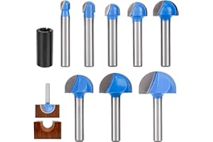 8pcs Cove Box Router Bit Set, 1/4" Shank Round Nose Core Box Router Bits with Conversion Shank, 1/4" to 1" Cutting Diameter W