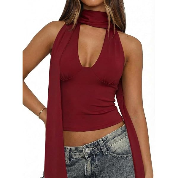 SOLY HUX Sexy Tops for Women Going Out Halter Scarf Crop Top Deep