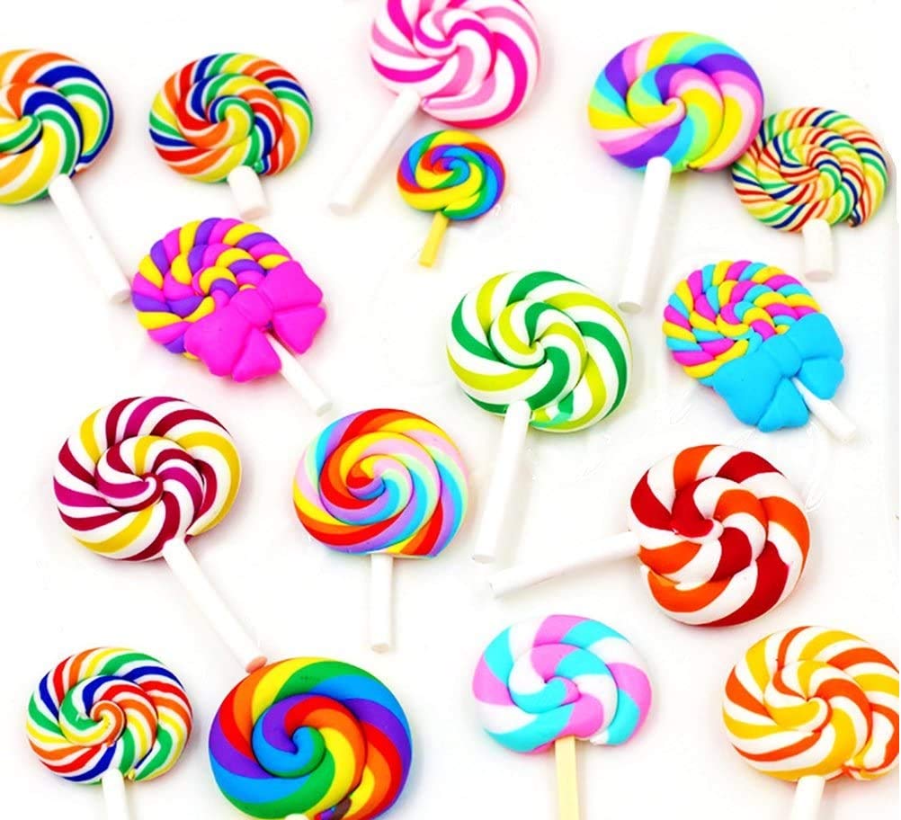RayLineDo 16pcs Random Lollipop Shape Polymer Clay Embellishmentst Rainbow Color DIY Cabochon Craf Scrapbook Ornament