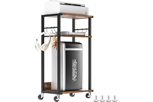 YMYNY Mobile Printer Stand, 3-Tier Printer Cart with Adjustable Storage Shelf and 6 S-Hooks, Tall Printer Table for Home Office, for Computer Tower Stand, Shredder, CPU Stand, Rustic Brown, UHPT002H
