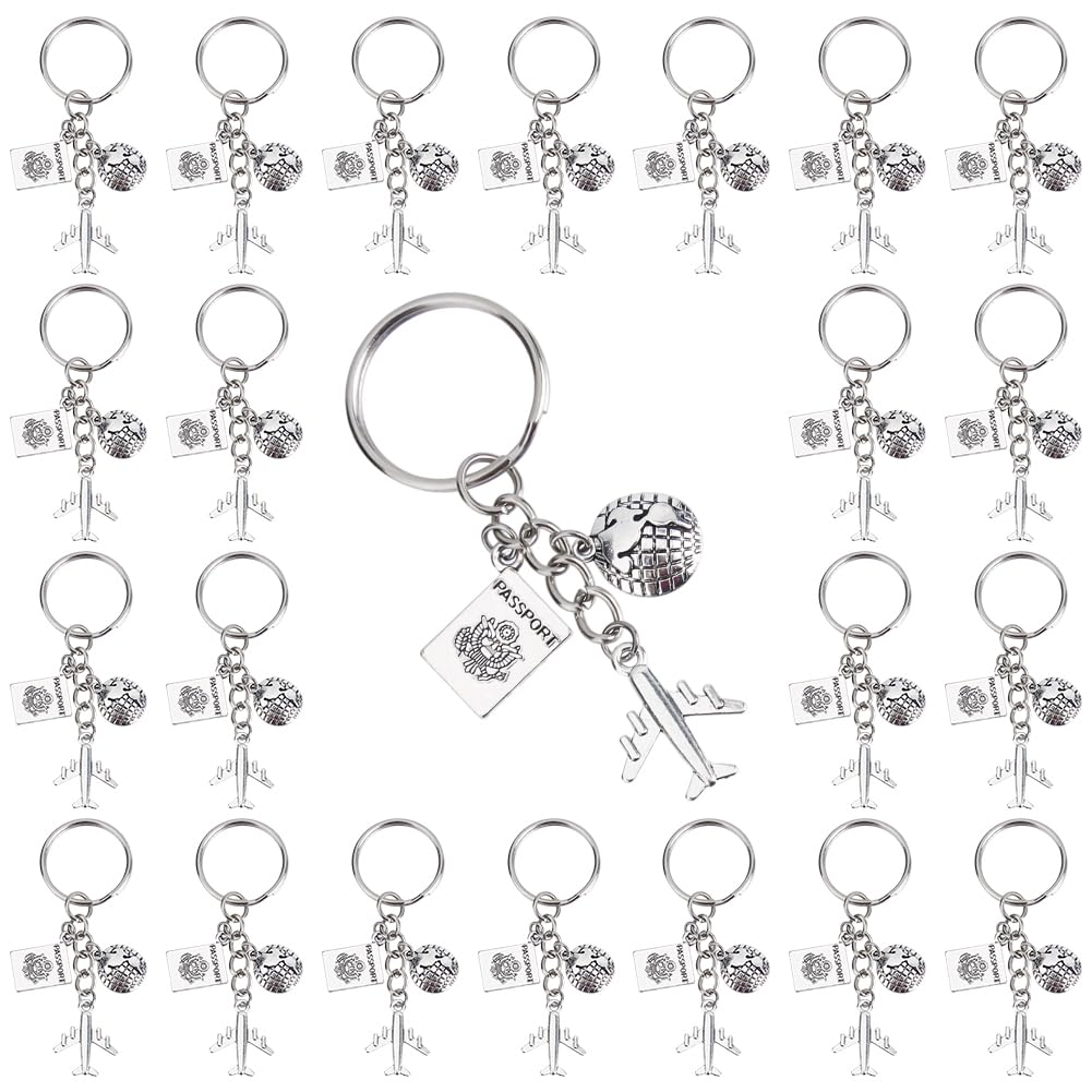 Photo 1 of SUNNYCLUE 1 Box 20 Pcs Travel Themed Keychains Bulk Airplane Key Chains Earth Journey Adventure Airplanes Maps Passport Word Pilot Aviator Keys Chains for Key Decorations Party Favor Wedding Favors