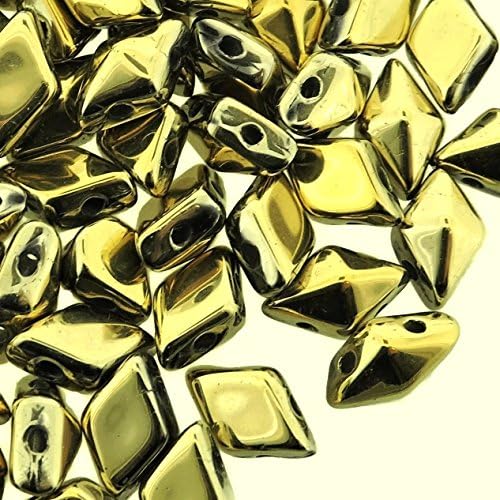 Czech Glass DiamonDuo, 2-Hole Diamond Shaped Beads 5mm x 8mm, 10 Grams, Full Aurum (gold)