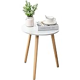 Apicizon Round Side Table, White Bedside Table Coffee End Table for Bedroom, Living Room, Small Spaces, Easy Assembly Nightstands with Natural Wood Legs, 16.5 x 20.5 Inches