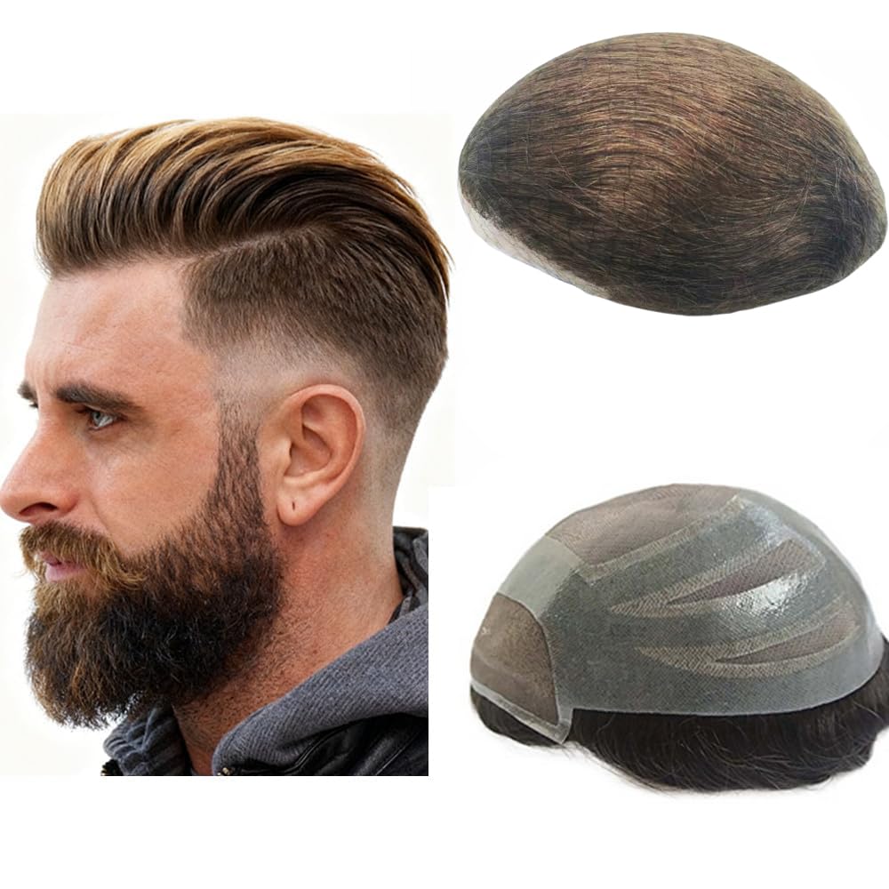 Human Hair Mens Toupee Hairpieces Swiss Lace Front Replacement System Combined with PU base 10X8 inch large size N.L.W. Light Brown 6 inch