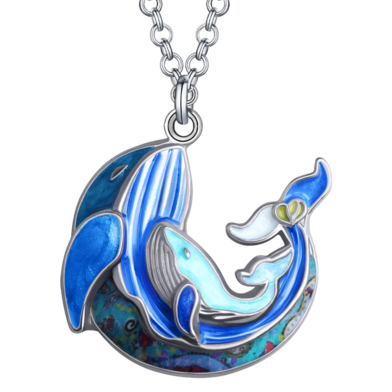 Enamel Alloy Mothers Day Double Whale Necklace Mom Gifts Pendant Ocean Charms Fashion Jewelry for Women Girls (Blue)