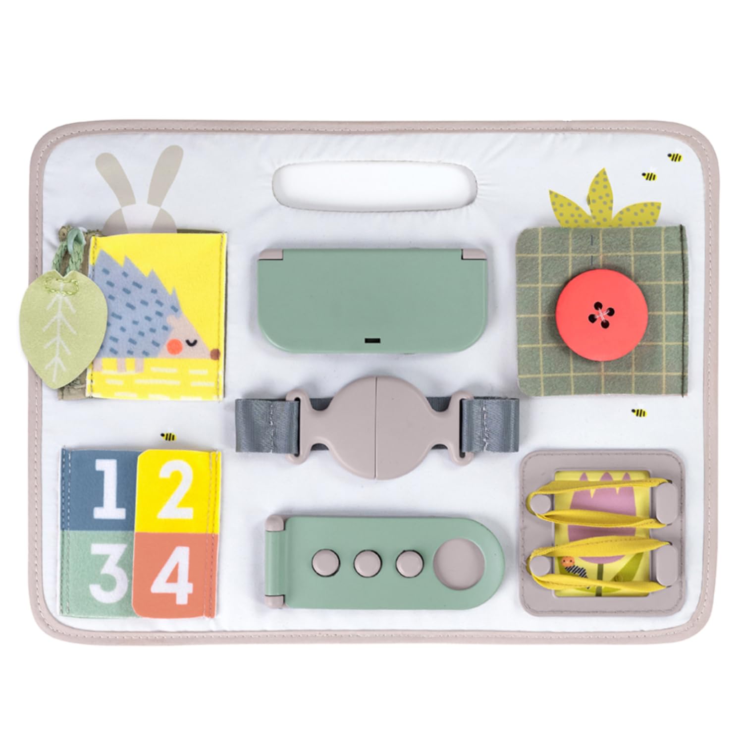 Taf Toys Activity Buckles Board., Montessori Toy with 10 Educational Toddler Activities to Develop Fine Motor & problem solving Skills Learning Sensory Board travel toy. Suitable for Children 18m+