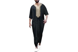 Jalabiya Men Half Sleeve Thobe Mens V Neck Kaftan Robe Casual Gown Daily Prayer Ramadan Eid Wear
