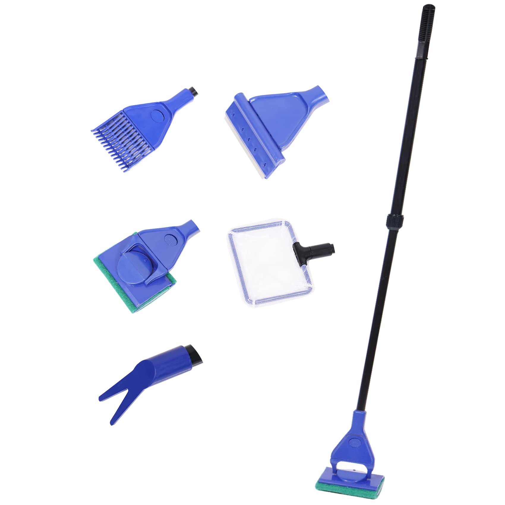 5 in 1 Aquarium Cleaning Tools, Adjustable Fish Tank Cleaning Kit with Long Telescopic Handle Algae Scraper, Gravel Rake, Plant Fork, Fish Net, Sponge Brush