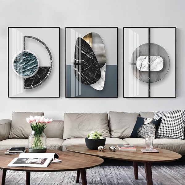 QKF 3 PIECES MODERN FUNKY WALL ART FOR LIVING ROOM GEOMETRY FOR HOME DECORATION PICTURES DARK ON ABSTRACT CANVAS PRINT PAINTINGS BEDROOM BATHROOM OFFICE POSTERS & PRINTS (MEDIUM SIZE 16X24INCH)
