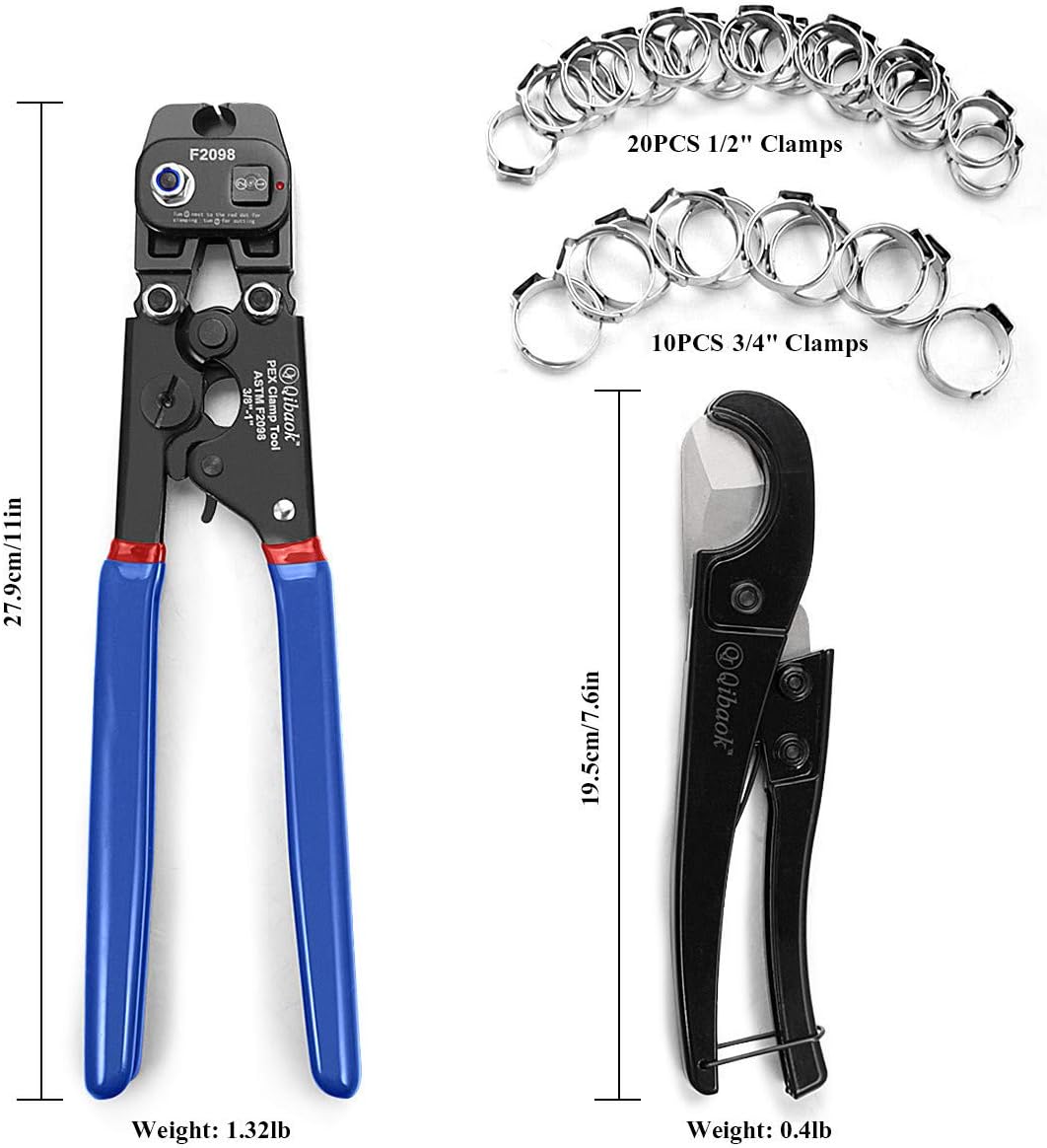 Qibaok PEX Cinch Tool with Removing function for 3/8-inch to 1-inch Stainless Steel Clamps with 1/2-inch 20PCS and 3/4-inch 10PCS and Pex Pipe Cutter - - 