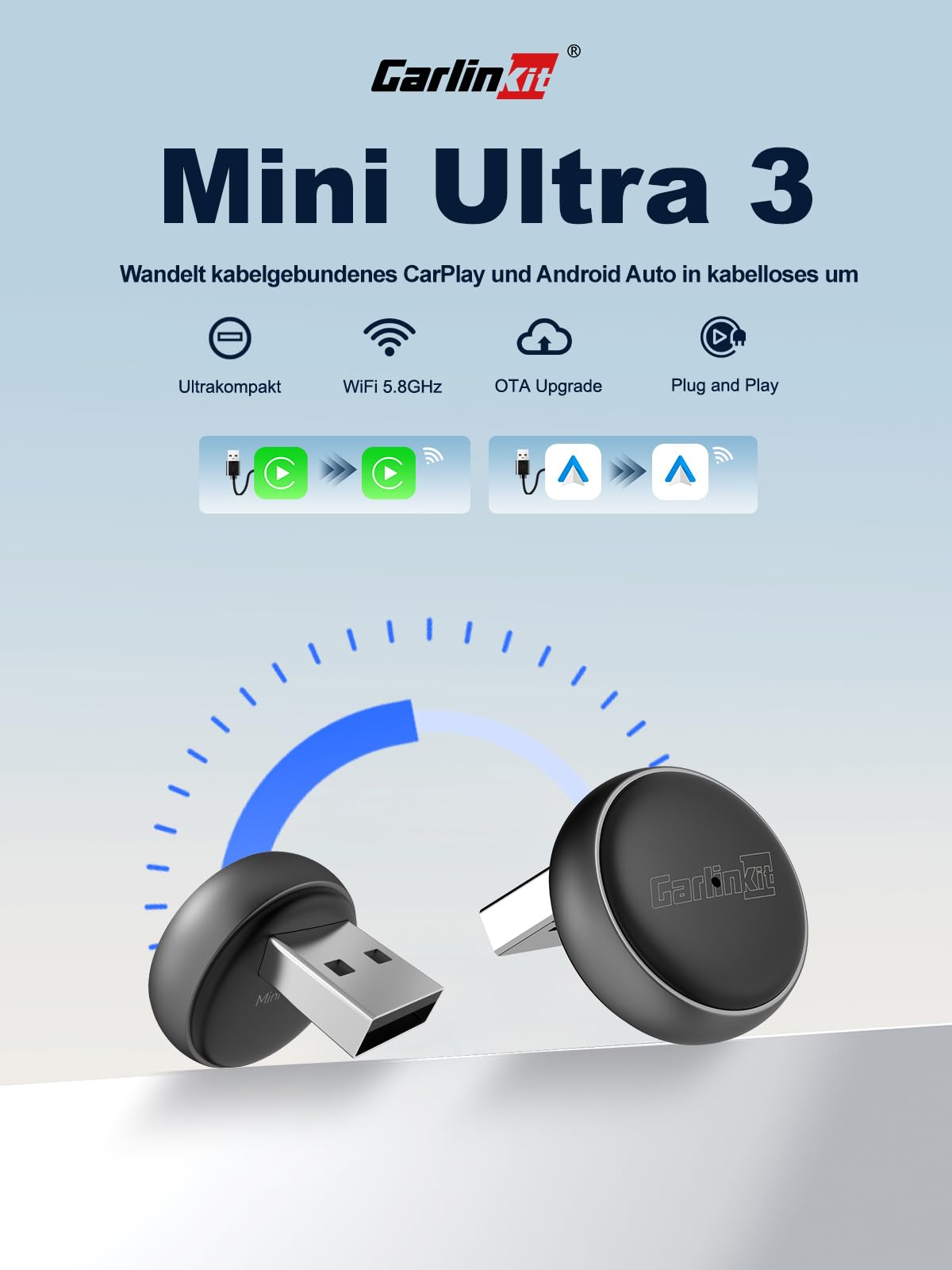 Carlinkit Mini Ultra Wireless CarPlay & Android Auto Adapter, Konvertieren Sie werkseitig kabelgebunden auf Wireless, USB-A/USB-C Schnelle Verbindung für iOS 10+ & Android 11+, Plug & Play Car Play 2