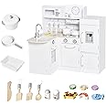 Qaba Corner Kids Kitchen Playset, Wooden Pretend Toy Kitchen Set with Drinking Fountain, Microwave, Fridge and Accessories, Pretend Play Kitchen for 3+ Years, White