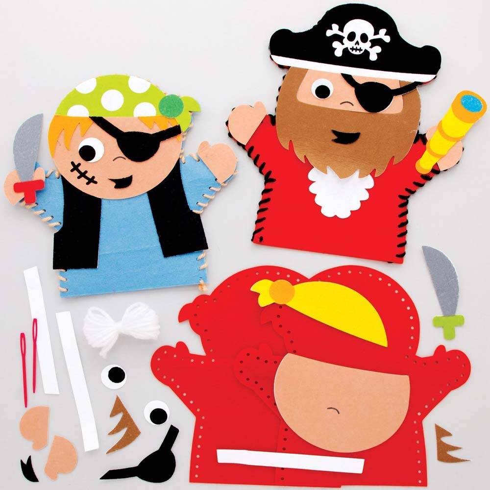 Baker Ross FE268 Pirate Hand Puppet Sewing Kits - Pack of 4, Sewing Kits for Children, Build Your Own Puppets, Puppets for Kids