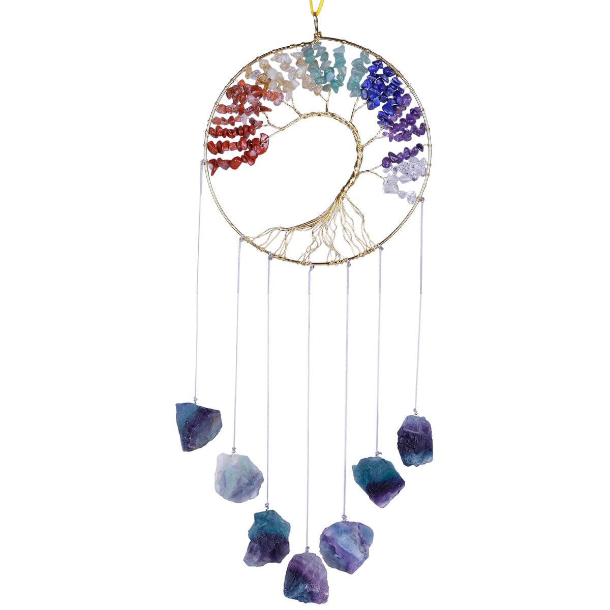 Nupuyai Fluorite Crystal Stone Tree of Life Hanging Ornament, Energy Healing Irregular Raw Stone Wall Window Wedding Home Decor