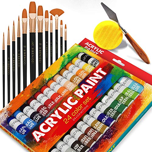 Complete Acrylic Paint Set â€“ 24Ñ… Rich Pigment Colors â€“ 12x Art Brushes with Bonus Paint Art Knife & Sponge
