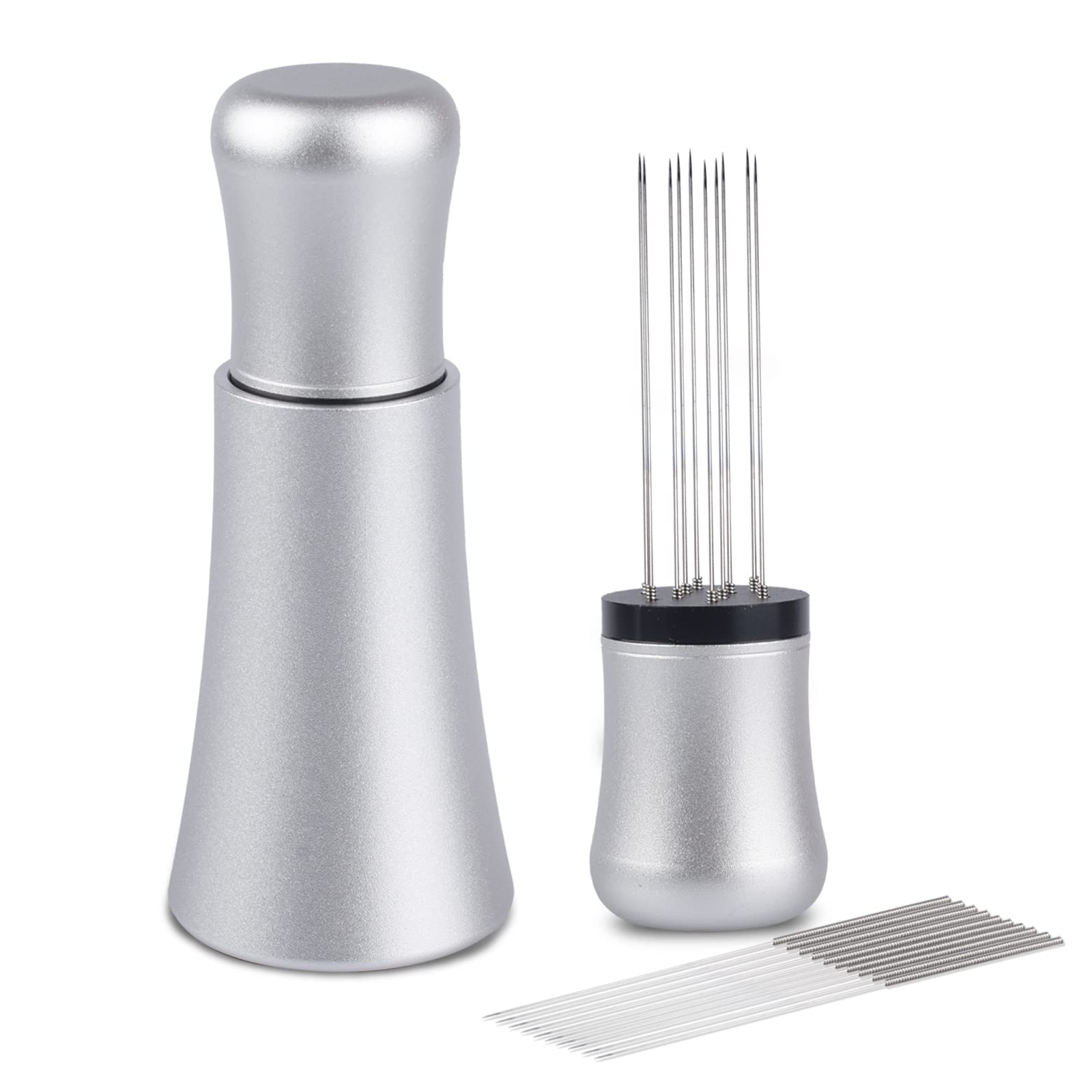 WDT Tool, Espresso Distribution Tools, 10 x 0.35mm 304 Stainless Steel Needles Installed with 10 Extra Needles for Espresso Stirrer Replacement, Aluminum Alloy Handle with Stand(Matte Silver)