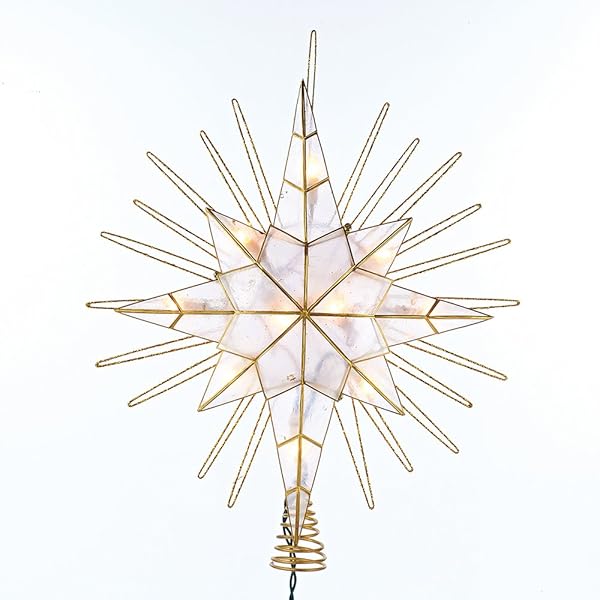 KURT ADLER 10 LIGHT GOLD GLITTER CAPIZ BETHLEHEM STAR TREETOP, 14″