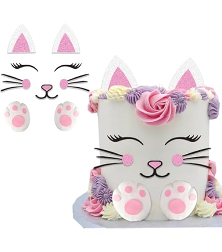 Cat Cake Topper Set With Ears & Eyelashes - Glitter Decor For Cat Themed Birthday Party - View #4