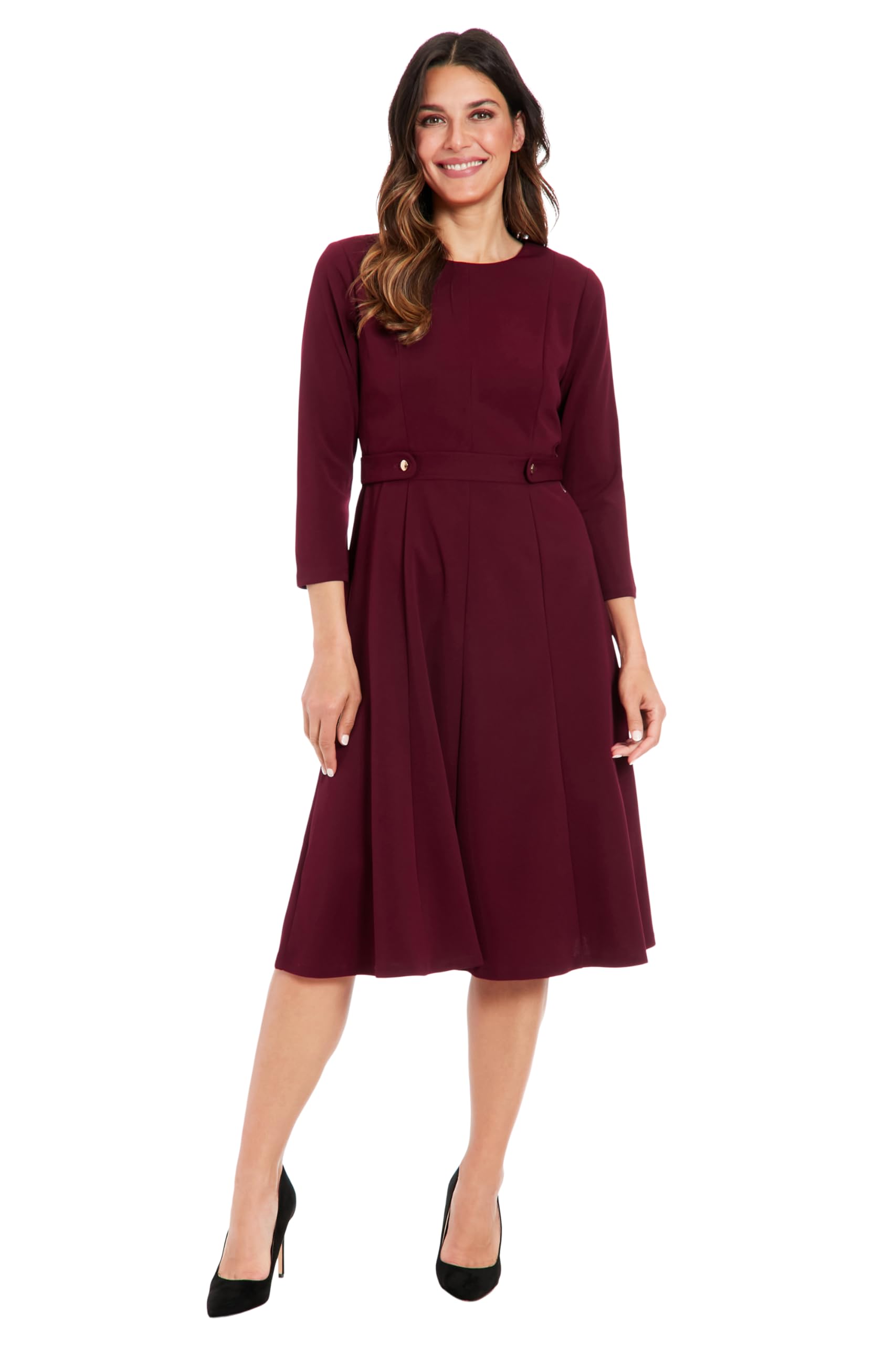 London Times Women’s Petite Crepe Fit and Flare Midi with Waist Button Detail, Arresting Burgundy