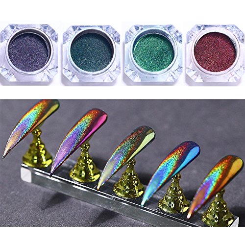 BORN PRETTY 4 Boxes Nail Art Chameleon Peacock Holographic Mirror Powder Manicure Chrome Pigment Laser Rainbow Neon Dust Glitter, 0.5g/box