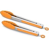 9-Inch & 12-Inch Premium Stainless Steel Food Tongs, Orange Silicone BPA Free Non-Stick BBQ Cooking Grilling Locking Kitchen 