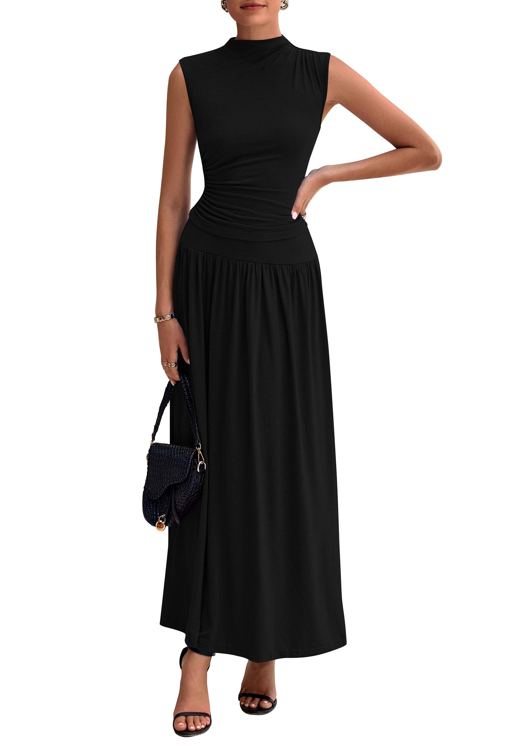 Photo 1 of PRETTYGARDEN Women's 2 Piece Skirt Set 2025 Summer Ruched Tank Tops Ruffle Maxi Skirts Wedding Guest Matching Outfits (Black,Medium)