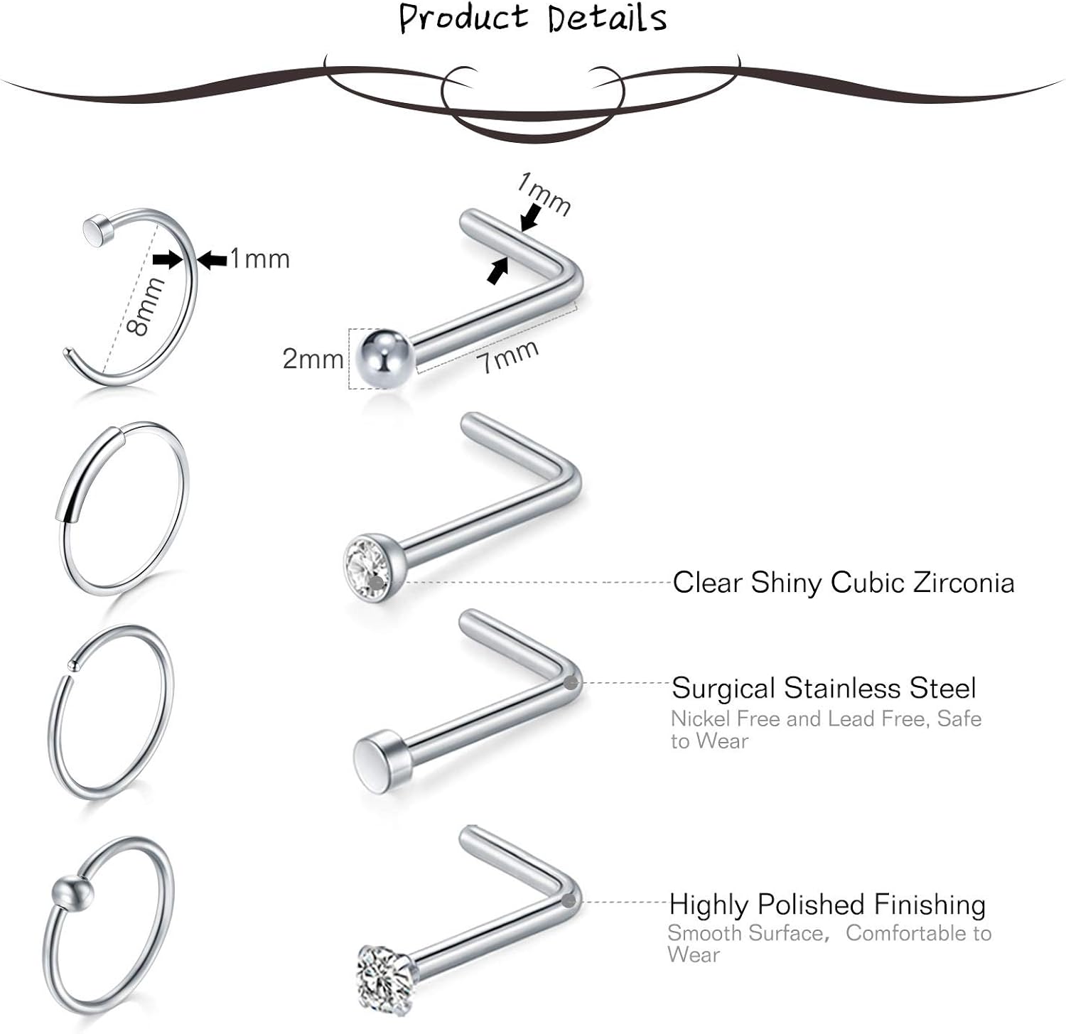 AceFun 36Pcs Nose Rings Set 18G Surgical Steel Nose Studs Nose Screw Nose Hoop Rings CZ Nose Piercing Jewelry for Women Men - Image 3