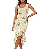 MEROKEETY Women's 2026 Summer Floral Bodycon Dress Square Neck Sleeveless Ruffle Cocktail Mesh Beach Vacation Midi Dresses