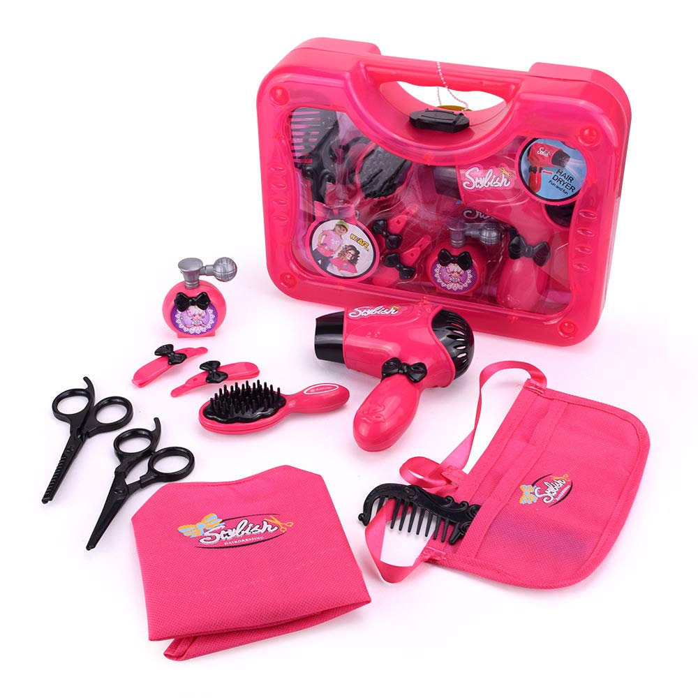 Qukueoy Kids Hairdresser Set Beauty Salon Toys 11 Pieces,Hair Stylist Makeup Kit for Little Girl Pretend Play,Real Working Hair Dryer,Apron,Combs and More