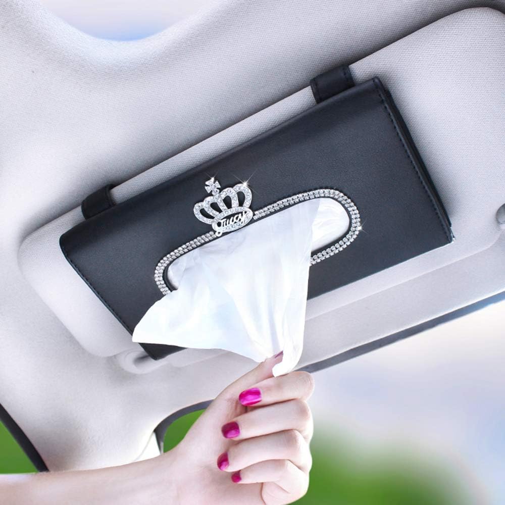 Dotesy Sparkling Bling Car Visor Tissue Holder Leather Crystals Paper Towel Cover Case for Women (1, Crown)