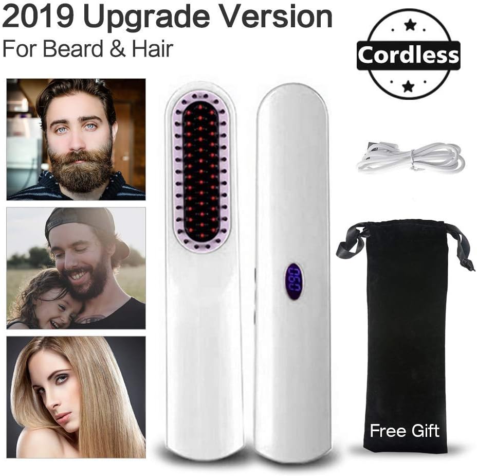 Beard Straightener Brush Hair Styler Comb for Men, Perfuw 2-in-1 USB Rechargeable Cordless Hair Straightening Brush Ceramic Hair Comb, Anti-Scald Quick Styling Ceramic Heating Brush for Men & Women