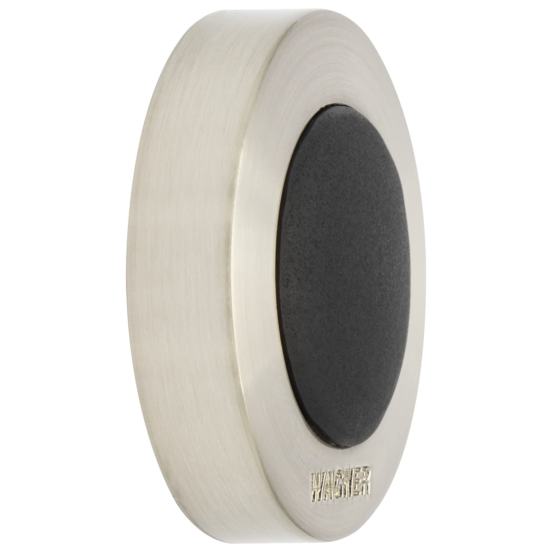 WAGNER Doorstop Screw OR Glue Wall - Ø 38 x 10 mm, Stainless Steel Look Stroke Bumper Made of die-cast zinc with + Soft Black Thermostatic Rubber, to be Screwed or glued on Walls - 15514001